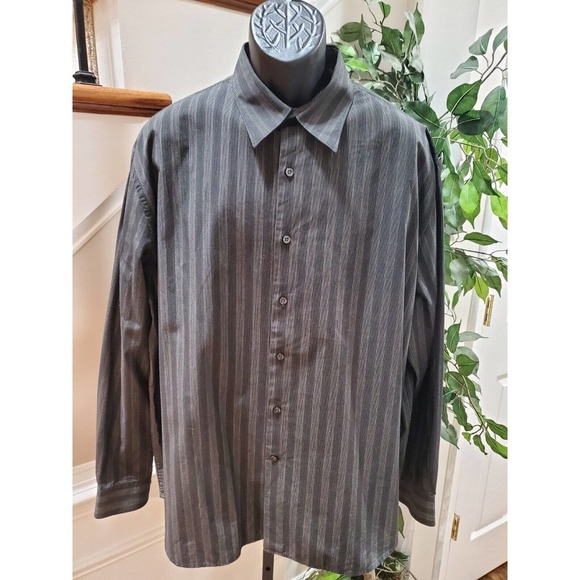 Perry Ellis Men Gray Striped Cotton Collared Long Sleeve Buttons Down Shirt 2XL - Picture 2 of 9